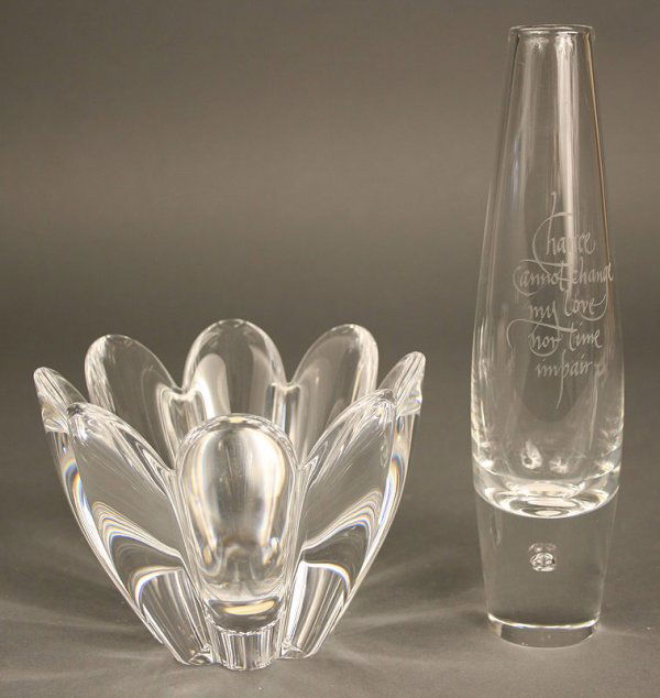 Steuben glass vase & Orrefors vase: Lot of two glass pieces. 1st item - Signed "Steuben" glass bud vase. Engraved "Chance Cannot Change My Love Nor Time Impair." Excellent Condition. 8 1/4"H x 7/8" opening. 2nd item - Orrefors glass can