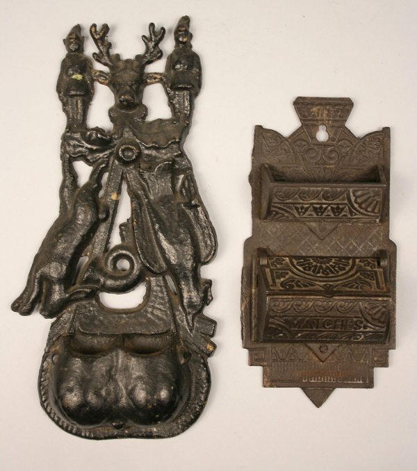 Lot of 2 cast iron match holders: Lot of 2 cast iron match holders. 1st item - Black cast iron figural match holder with hunting motifs including deer head, rabbit, pheasant and hunters. Overall very good condition with expected wear.