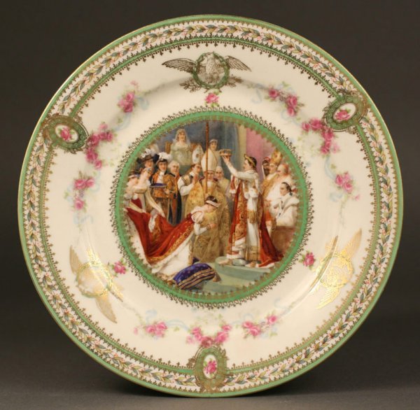 Capo di Monte Plate, Napoleon's coronation of Jose: Naples porcelain plate depicting the coronation of Josephine by Napoleon with green, floral and gilt border. Marked on back with crowned "N" mark, Naples, and "Napoleon 1st couronant Josephine". Overa