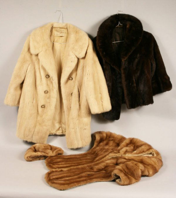 Lot of three vintage ladies fur coats: Lot of three vintage ladies furs including 1) Mid-length tan fur with "Nelson Furs, Bergen Mall, Paramus" label, medium size, 2) Short-length dark brown fur with the name "Wilma" embroidered on the li