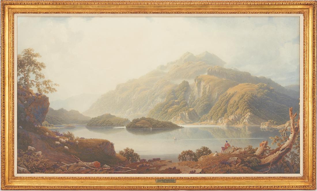 George Fennel Robson Watercolor, Loch Katrine: George Fennel Robson (United Kingdom, 1788-1833), "Loch Katrine," large panoramic watercolor landscape painting on paper depicting a Highland shepherd and his dog resting on the bank of a lake, watchi