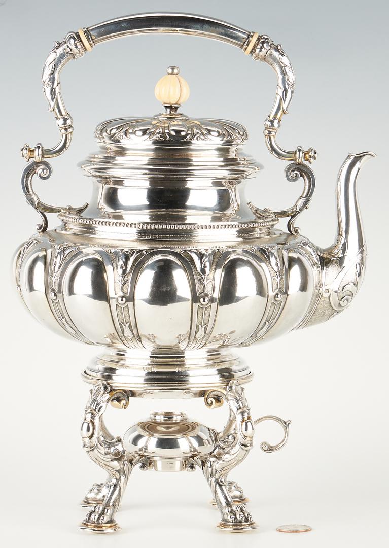 Humbert & Heylandt Silver Kettle on Stand: Continental .800 silver tea kettle together with stand and burner. Kettle with repousse lobed lid and body accented with stylized tulip and cabachon decoration; acanthus and scroll handle and spout, a