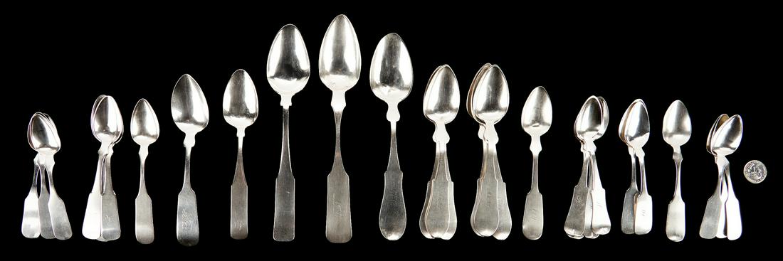 Group Louisville Coin Silver, incl. Smith & Grant,: 3 assembled groupings of Louisville Coin Silver from makers including John Hall, Speigelhalder & Werne, and Smith & Grant, 29 items total. 1st-13th items: 2 tablespoons, 1 dessert spoon, and 10 teaspo
