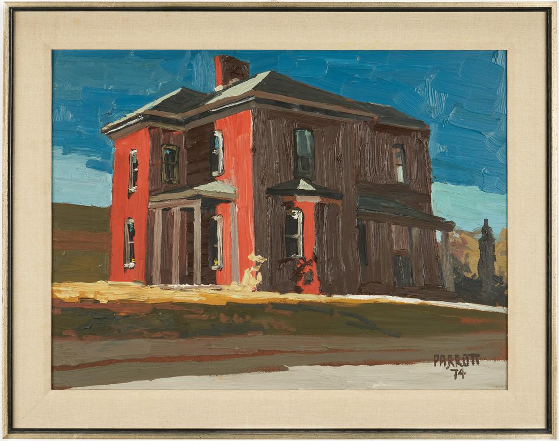Joe Parrott Oil on Board Street Scene: Joe Parrott (American/Tennessee, 1944) oil on board depicting a historic house at sunrise or sunset beneath a bright blue sky, rendered in a heavy impasto technique. The Frameworks, Nashville, TN stam