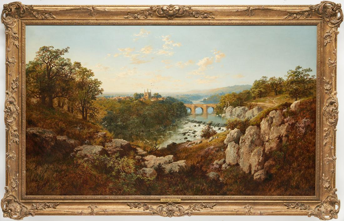 Edmund Johann Niemann O/C, View of Lindford Bridge: Edmund Johann Niemann (United Kingdom, 1813-1876) panoramic oil on canvas landscape painting titled "A Distant View of Lindford Bridge" depicting a river with stone bridge leading to the village of Li