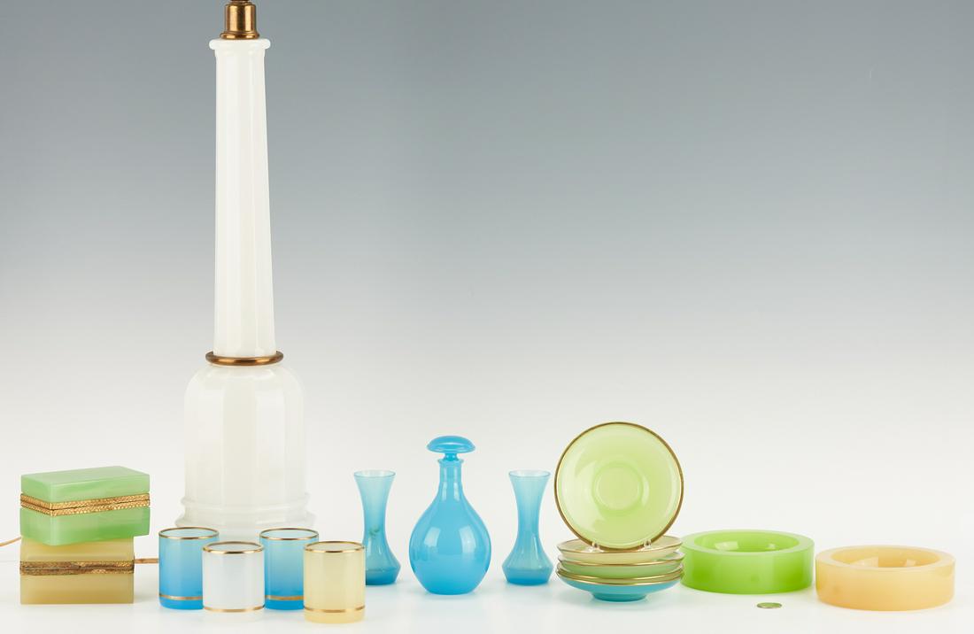 18 Italian Murano Opaque Glass Table Accessories: Grouping of eighteen (18) Murano Glass Table Accessories, including Cenedese. 1st item: Mid Century Modern Murano glass table lamp, possibly Cenedese, opaque white glass, with gilt metal mounts; facet