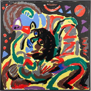 A.R. Penck Color Silkscreen, Liebespaar: A.R. Penck, also known as Ralf Winkler (Germany, 1939-2017) abstract color silkscreen print titled "Liebespaar" (Lovers) depicting a man embracing a woman. Numbered and signed "52/60 ar penck" lower l