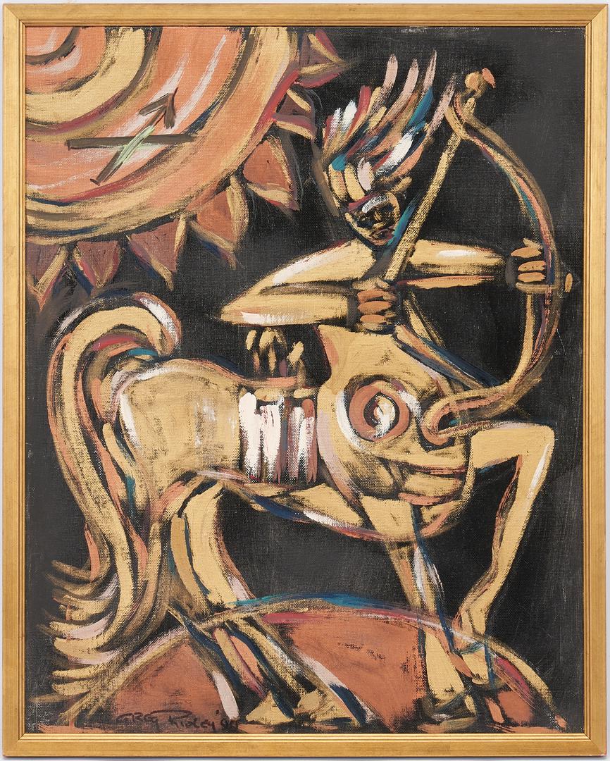 Greg Ridley Oil on Board Painting, Centaur: Greg Ridley (American/Tennessee, 1925-2004) abstract oil on board depicting a centaur with flaming headdress holding a bow with the sun to his back amongst a black background. Signed and dated "Greg R