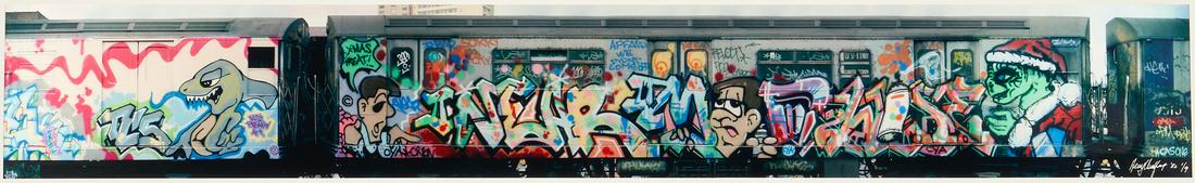 Henry Chalfant, 2Mane TNT, Seen Tc5, 1981: Henry Chalfant (New York/California, born 1940) color photograph on Kodak Professional Endura metallic paper titled "2Mane TNT, Seen Tc5, 1981," depicting a subway train with graffiti of stylized lett