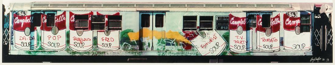 Henry Chalfant, Campbell's Soup by Fred Brothwaite,: Henry Chalfant (New York/California, b. 1940) color photograph printed on Kodak Professional Endura metallic paper titled "Campbell's Soup by Fred Brothwaite, 1980," depicting a subway train with graf