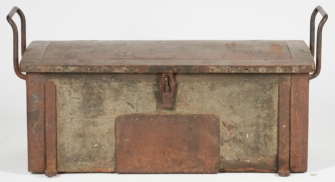 Civil War Limber Ammunition Chest: Civil War era Limber ammunition chest, light grey or green painted walnut boards with a slightly domed hinged lid and iron hardware, including two handles, and a cast brass lock ring, constructed with