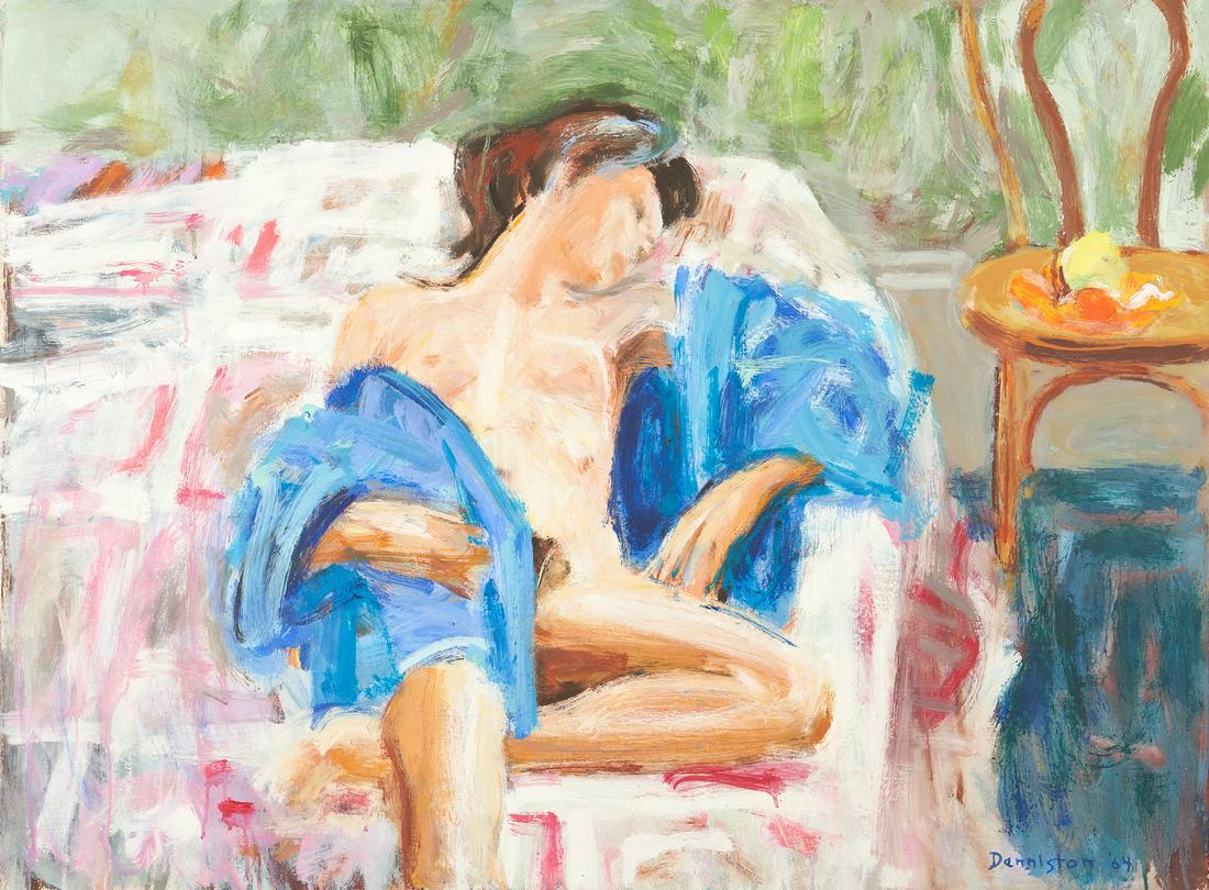 Douglas Denniston Abstract O/C, "The Pink Quilt",: Douglas Denniston (Arizona, 1921-2004) oil on canvas painting titled "The Pink Quilt" depicting a nude brunette woman reclining in a chair covered by a pink quilt, a blue shawl draped over her torso a