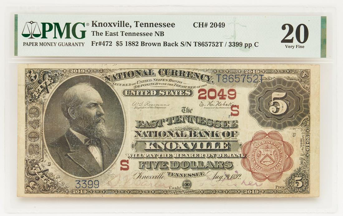 1882 $5 Brown Back, The East Tennessee National Bank of (1 of 2)