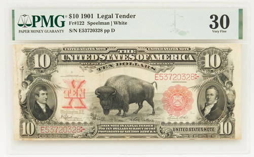 1901 $10 "Bison" Legal Tender Note, FR # 122: 1901 $10 "Bison" legal tender notes, featuring a vignette of a bison, Black Diamond or Pablo, center, with the portraits of Meriwether Lewis and William Clark, left and right, obverse. Female figure r