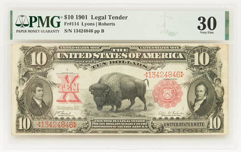 1901 $10 "Bison" Legal Tender Note, FR # 114: 1901 $10 "Bison" legal tender notes, featuring a vignette of a bison, Black Diamond or Pablo, center, with the portraits of Meriwether Lewis and William Clark, left and right, obverse. Female figure