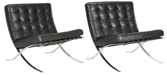 Pair Labeled Knoll Barcelona Chairs, Mies Van de Rohe: Pair Mid-Century Knoll Industries Barcelona chairs, designed in 1929 by Ludwig Mies van der Rohe and manufactured in the 1980s. Original black tufted leather cushions with leather support straps,