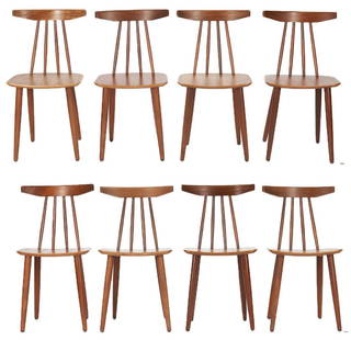 8 Danish Modern Teak Chairs by Frem Rojle: Set of eight (8) Danish Modern teak spindle back chairs, designed by Poul Volther for Frem Rojle. Undersides of seats impressed "Frem Rojle Made in Denmark", four with full or partial paper labels rea