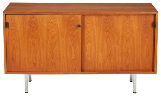 Labeled Mid-Century Knoll Walnut Credenza: Labeled Mid-Century Knoll Industries walnut credenza designed by Florence Knoll Bassett circa 1954, manufactured in the 1960s. Rectangular top over two sliding doors with black leather pulls, resting