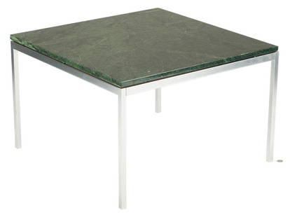 Green marble and chrome table, poss. Knoll, 30" sq: Knoll square end or coffee table, designed by Florence Knoll Bassett in 1954, manufactured circa 1970. Square Italian green marble top on a T-angle aluminum frame with chrome finish. 19 1/2''H x 29 1/