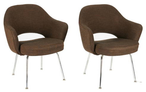 Pair of Knoll Mid-Century Saarinen Armchairs: Pair of Mid-Century Knoll International executive armchairs designed by Eero Saarinen (Finnish-American 1910-1961). Both with the original dark brown woven ulphostery and steel tubular legs. Both