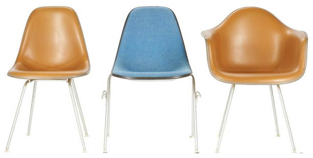 3 Eames for Herman Miller Shell Chairs: Group of three (3) Mid-Century Charles and Ray Eames for Herman Miller fiberglass shell chairs, including one armchair and one side chair in the original gold vinyl with taupe trim and one side chair