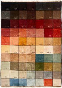 Pantone Color Chart Rug: Contemporary decorator Pantone Color Chart sample rug, wool on cotton, hand-knotted. Comprised of 70 total color squares with the corresponding Pantone color number. 7' 10" x 5' 6". 20th century,