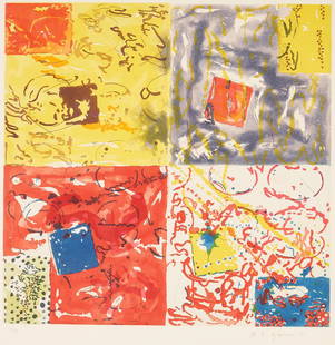 Nancy S. Graves Mixed Media Print, Four Times Four: Nancy Stevenson Graves (New York/Massachusetts, 1940-1995) color etching, aquatint, and drypoint on paper titled "Four Times Four," numbered 3/45, printed by Stamperia d'Arte, Rome, published by The