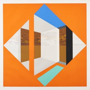 James Twitty Cubist Screenprint, Arlington: James Watson Twitty (District of Columbia/North Carolina/England, 1911-1994) cubist screenprint in colors on wove paper titled "Arlington," numbered 61/150, depicting geometric shapes in shades of