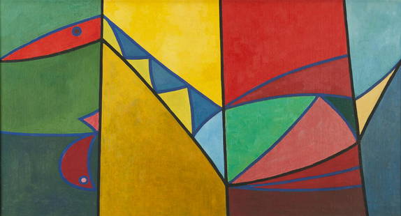 Douglas Denniston Abstract O/C Painting, Bird and Fish: Douglas Denniston (Arizona, 1921-2004) abstract expressionist oil on canvas painting titled "Bird and Fish", featuring a brightly colored geometric rendering of a bird and a fish, arranged in four