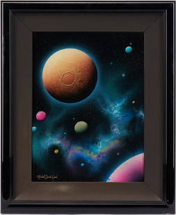 Michael David Ward Reverse Glass Painting, Lunar Gold: Michael David Ward (Japanese-American, b. 1958) reverse glass painting titled "Lunar Gold," depicting a space scape of several planets. Signed "Michael David Ward," lower left. Retail tag with artist'