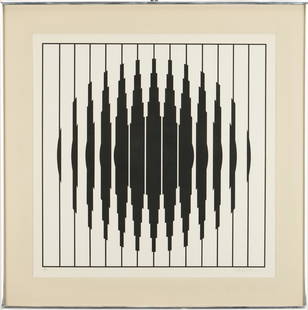 Victor Vasarely Modern Op art Screenprint, Bora D: Victor Vasarely (Hungarian/French, 1906-1997) Modern Op art screenprint on paper titled "Bora D," or "Untitled," depicting a series of black vertical geometric shapes arranged in a circle against a