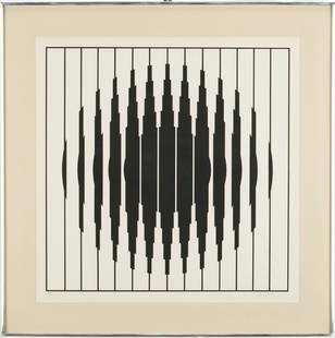 Victor Vasarely Modern Op art Screenprint, Bora D: Victor Vasarely (Hungarian/French, 1906-1997) Modern Op art screenprint on paper titled "Bora D," or "Untitled," depicting a series of black vertical geometric shapes arranged in a circle against a