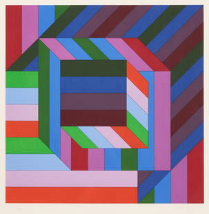 Victor Vasarely Screenprint, "Untitled," 127/150: Victor Vasarely (Hungarian/French, 1906-1997) Modern Op art color "Untitled" screenprint depicting a cube against a striped background, rendered in shades of red, pink, blue, and green. Numbered