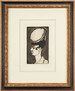 Georges Rouault Etching, Mademoiselle Irma: Georges Rouault (France, 1871-1958) aquatint, roulette, drypoint, and burnisher on wove paper titled "Mademoiselle Irma," depicting the profile of a woman wearing a large hat. Dated and signed "1918 G