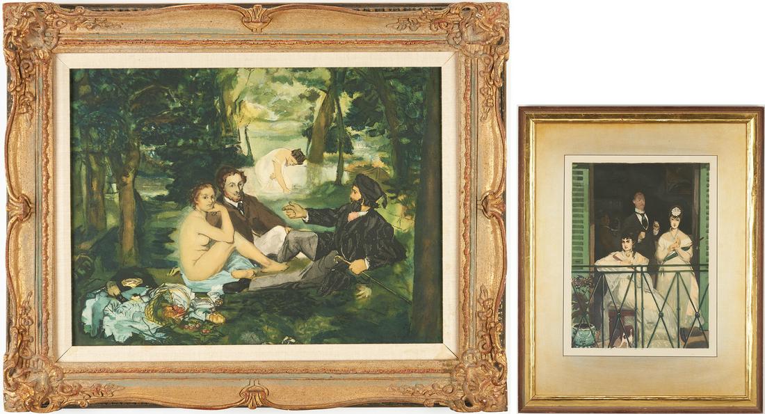 2 Prints After Edouard Manet attr. Villon incl.: Two (2) aquatint etchings attributed to Jacques Villon (French, 1875-1963) after paintings by Edouard Manet (France, 1832-1883). 1st item: Etching titled "Le Dejeuner sur L'herbe (The Luncheon on the