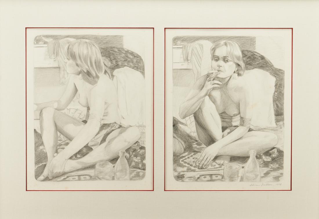 2 Adrian Deckbar (Louisiana) Drawings, Taking a Break &: Two (2) Adrian Deckbar (Louisiana, born 1950) graphite on paper drawings titled "Study for Dancing II" and "Taking a Break," each depicting the same partially nude woman seated on the floor of a room,