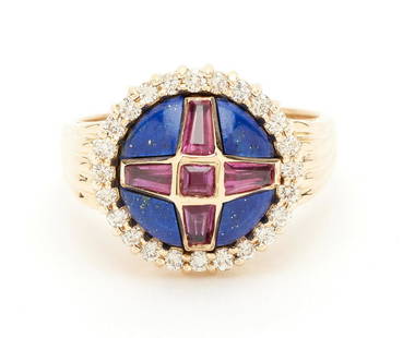 Stuart Devlin "Queen Victoria" Ring: 14K yellow gold ring designed by Stuart Devlin featuring a Queen Victoria Cross made by synthetic ruby crossing a field of natural lapis lazuli. This cross is surrounded by a circle of 24 round