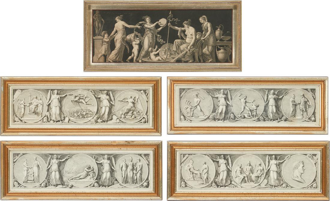 5 Neoclassical Prints, incl. 4 After Appiani, Napoleon: Items 1-4: Four (4) Neo-Classical prints after engravings by Michele Bisi and Giuseppe Longhi of fresco paintings by Andrea Appiani the Elder (Italy, 1754-1817), made for the Cariatides Room of the Ro