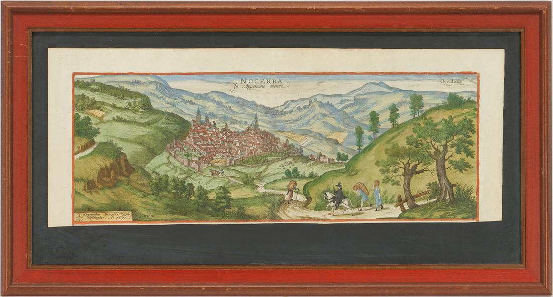Frans Hogenberg Engraving, Nocerra in Appennino Monte: Copper plate engraving with hand-coloring on laid paper titled "Nocerra In Appennino Monte," engraved by Frans Hogenberg after a drawing by Depingebat Georgius Hoefnagle, from CIVITATES ORBIS TERRARUM