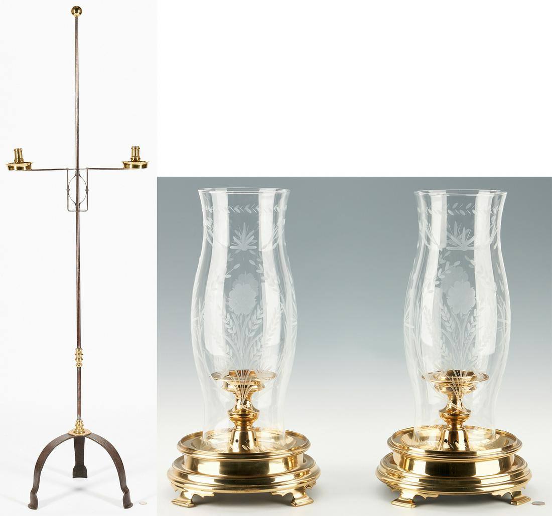 Pr. Brass Candlesticks W/ Hurricane Shades & Wrought