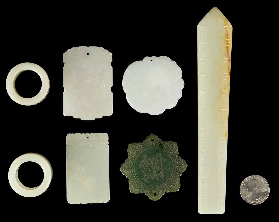 7 Pcs. Chinese Carved Jade, incl. Plaques & Archer's (1 of 15)