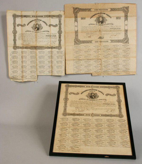 Lot of three Confederate Loan Certificates: Three Confederate Loan Certificates. 1st item - Framed five hundred dollar eight percent Confederate States of America loan certificate, issued from the Treasury at Richmond on December 2, 1862. No. 2