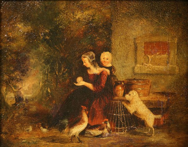 Continental or English school, Mother & Child genre: Continental/English gilt framed oil on canvas of mother with child seated in courtyard with rooster, chickens, chicks, and dog. Overall good condition with two small patches to painting in lower dress