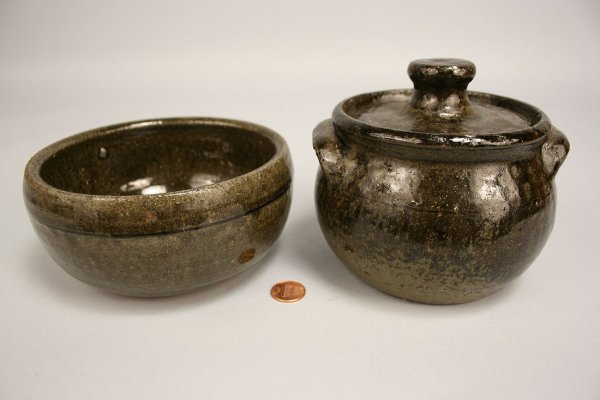 Lanier Meaders Pottery Bean pot and Bowl: Georgia Folk Pottery, Covered Bean Pot and Bowl, Lanier Meaders, stoneware with green and brownish green alkaline glaze, incised in script on bases "Lanier Meaders". Excellent condition. Bowl measures
