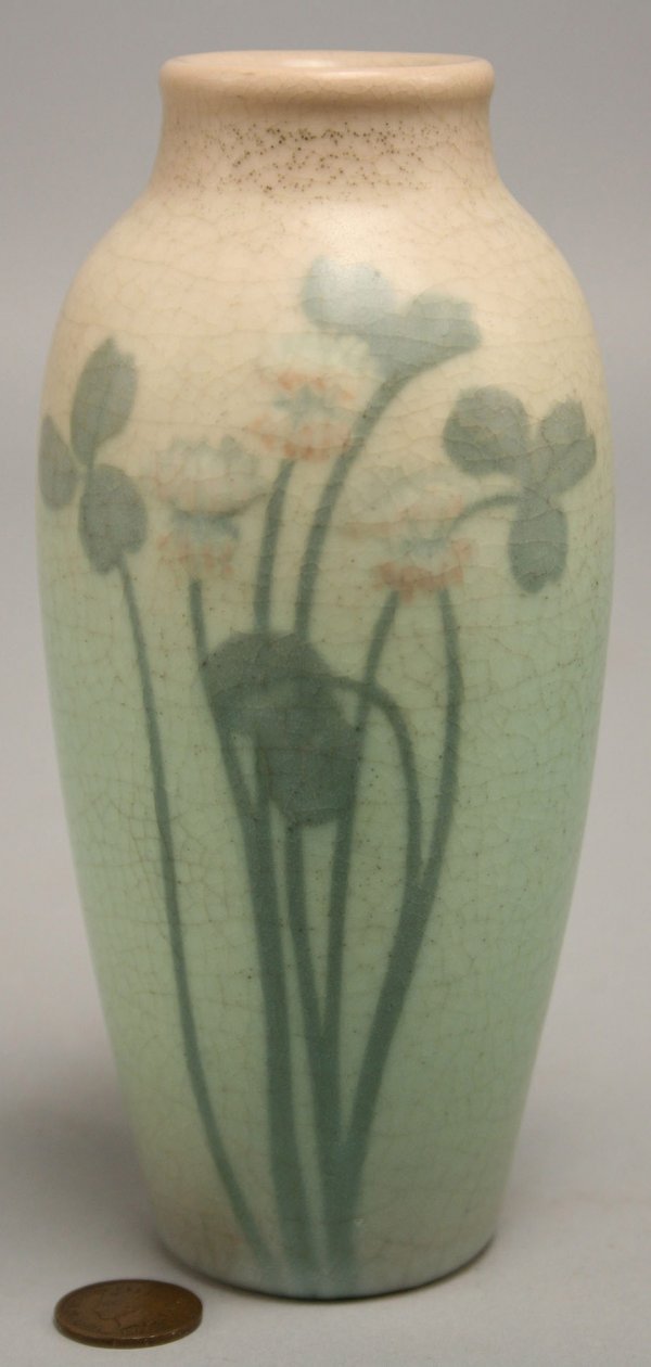 Rookwood Art Pottery Vase, Mary Grace Denzler: Rookwood floral vellum glaze vase with clover decoration in colors of green, pink and white. Marked with the Rookwood logo, the date, shape 918 E and the incised initials of decorator Mary Grace Denzl