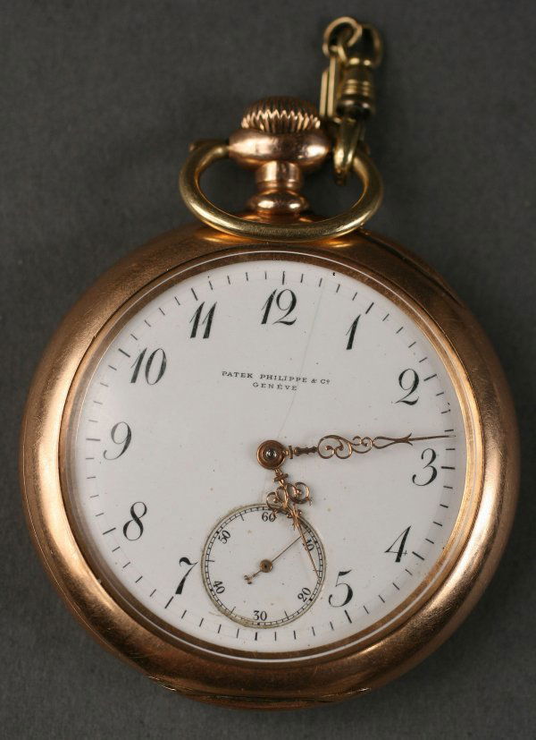 Patek Philippe lever watch, Knoxville retailer, 18: 14 karat Patek Phillipe Swiss lever pocket watch sold by H. W. Curtis, a Knoxville, Tennessee retailer, circa 1890. Gold open face case with high quality keyless bar movement with a going barrel. Ste