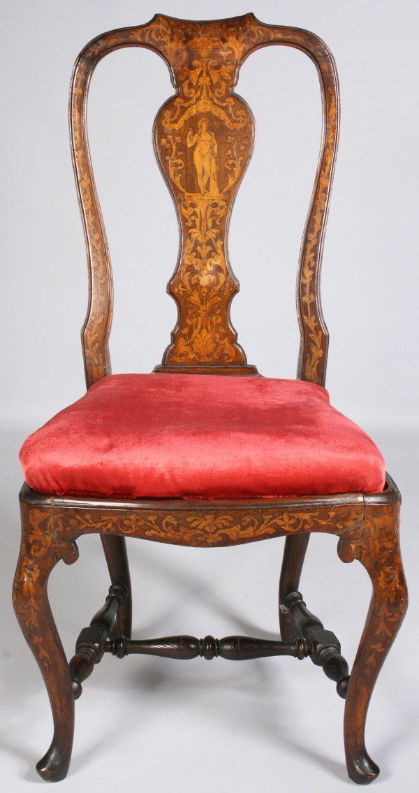 Continental inlaid period Queen Anne Chair: Queen Anne Mahogany with fruitwood marquetry side chair with cabriole legs ending in pad feet, highly decorated with floral and ribbon designs and a classical male figure in center of splat. In overal