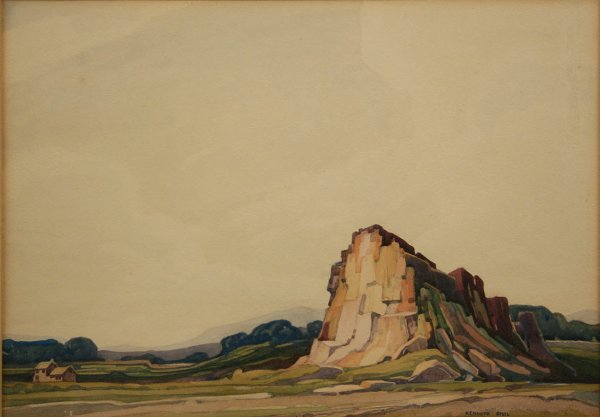 Kenneth Steel watercolor, English Landscape: Kenneth Steel (British, 1906-1970) watercolor titled "English landscape". Steel was a noted British landscape painter who studied at the Sheffield School of Art and the Royal British Academy. Overall