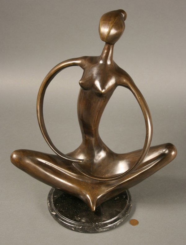 Abstract Female Bronze Sculpture: Abstract Female Bronze Sculpture, seated on round marble base. No visible signature, in the style of Alexander Archipenko. Overall very good condition with very slight surface scratching. 18" Height.