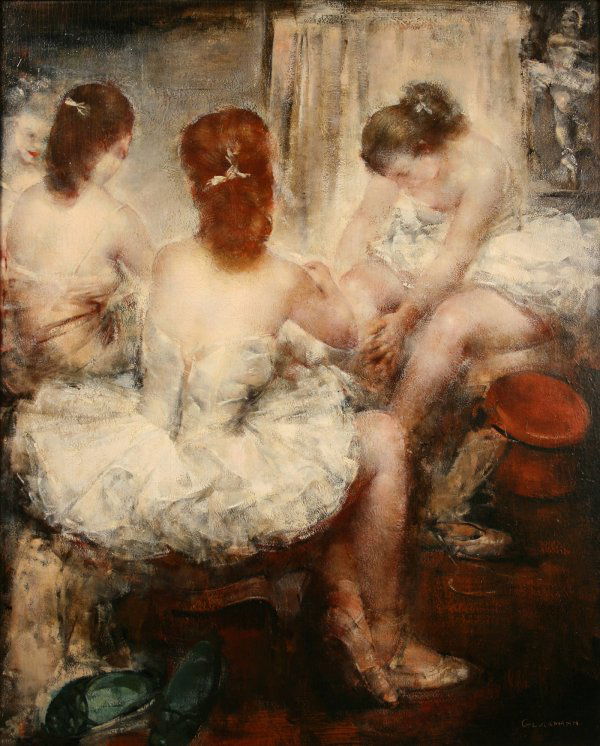Grigory Gluckmann oil on panel, "Dressing Room": “Dressing Room” by Grigory Gluckmann (Russian/American, 1898-1973). Exhibited May 1953, The Milch Galleries, New York City, #7 (label en verso). Executed in oil on canvas laid on wood panel by the